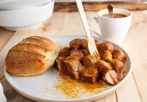 Currywurst mit Pommes auf einem Teller am Strand serviert