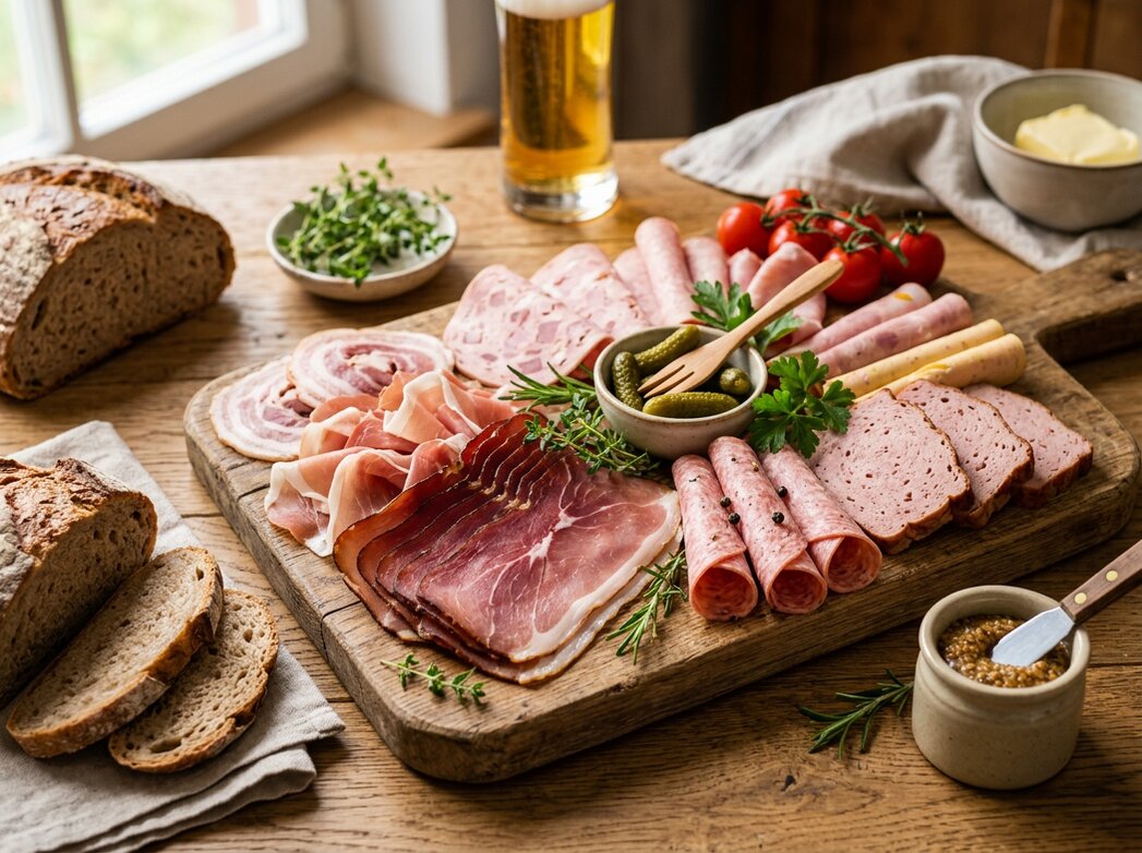 Gemischte Aufschnittplatte mit Wurst und Schinken